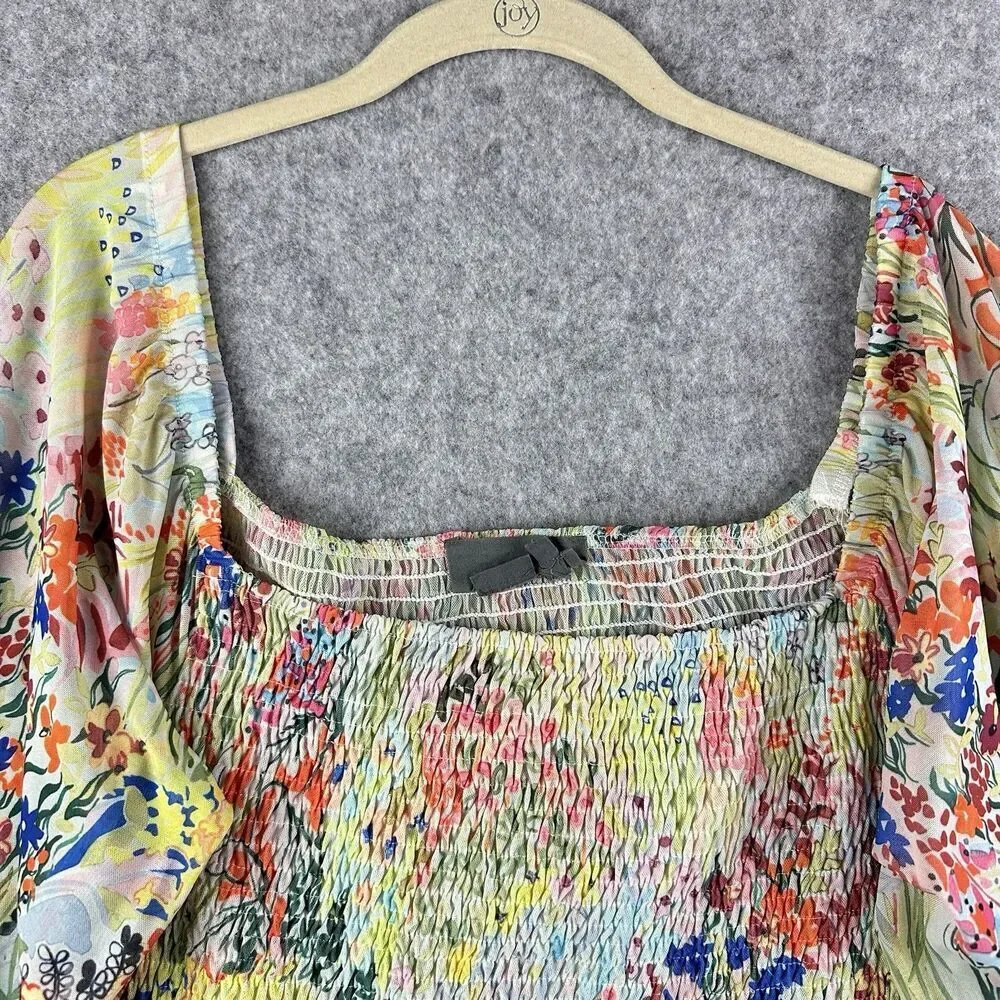 Anthropologie Rouen Smocked Top Womens M Long Sleeve Floral Boho Colorful 2-Way